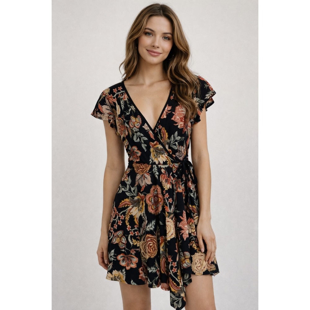 Y2K Vtg 90's Floral Xhilaration Dress XS Black faux wrap stretch soft boho‎